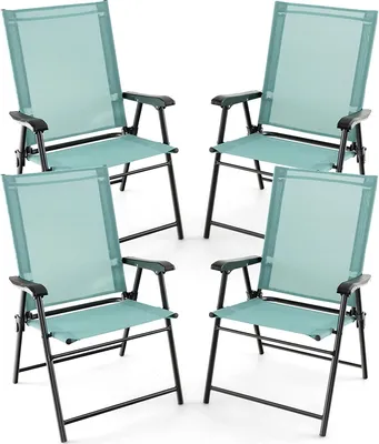 Four mint green folding garden chairs with black frames are arranged in a grid formation against a white background.