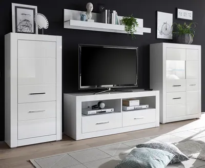 Produktbild von Wohnwand "Carrara" weiß Hochglanz Schrankwand 4-teilig 335 x 170