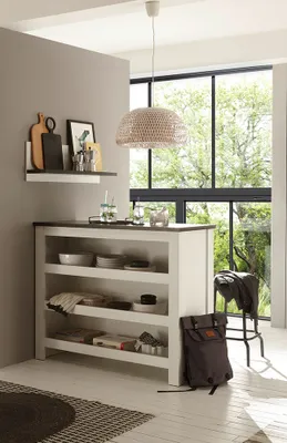 Produktbild von Küchen Set mit Theke und Wandregal 90cm SHELTON-61 in Pinie weiß Nb. mit anthrazit