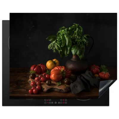 Produktbild von KitchenYeah© Herdabdeckplatte Stilleben - Tomaten - Basilikum - Gemälde - Gemüse - Schwarz , 65x52cm, Küche Deko, Glaskeramikkochfeld Herdabdeckung, Abdeckplatte fùr Kochfeld