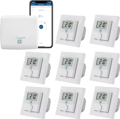 Produktbild von Homematic IP kabelgebundene Fußbodenheizungssteuerung zur Einzelraumregelung in 8 Räumen. Inhalt: Access Point und 8 digitale Raumthermostate mit Schaltausgang. Mit App und Alexa kompatibel.