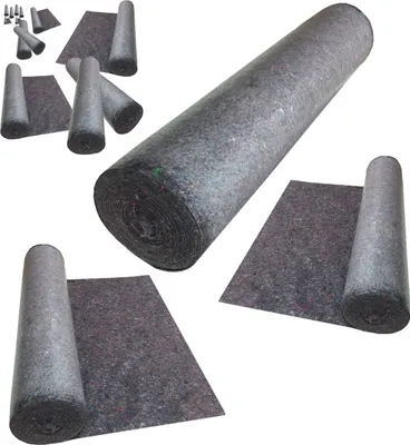 Several rolls of grey protective felt material are displayed against a white background, with some pieces unrolled to show the texture.