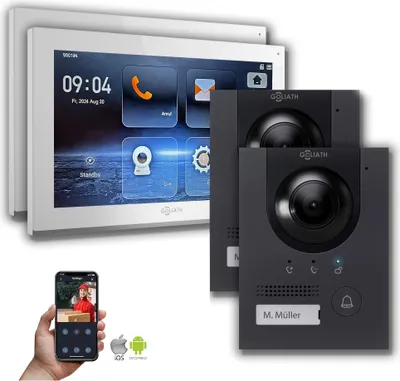 Produktbild von Goliath IP Hybrid Video Gegensprechanlage 2x Außenstation mit Kamera 10 Zoll Anthrazit  : Aufputzdose : 10 Zoll in Weiß : 2 Monitore Monitor Anzahl: 2 Monitore Monitor Auswahl: 10 Zoll in Weiß Türklingel Montagedose: Aufputzdose