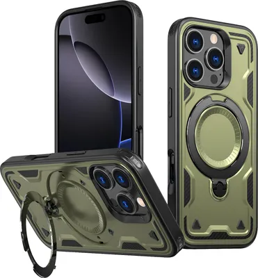 Produktbild von Dual Layer Hülle für iPhone 16 Pro Metall Ring Ständer Magnetisch Stoßfest Militär Handyhülle Grün