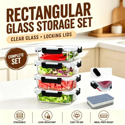 Image de Boîtes de conservation en verre - Lot de 4 - 1040 ml - Verre borosilicaté - Avec couvercles - Hermétiques et anti-fuite - Adaptées au micro-ondes et au congélateur