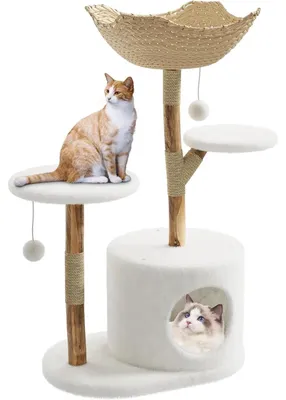 Produktbild von Katzenkratzbaum - Kletterturm - 2 Plattformen, 4 Ebenen, Bett, Rattankorb, Höhle, Holz
