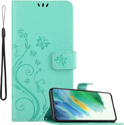 Image de Cadorabo Housse pour Samsung Galaxy S21 FE en FLORAL TURQUOISE Housse de protection au design floral avec fermeture magnétique, fonction de support et porte-cartes Flip Case Flower Cover Etui Handy Klapp Hülle Book Tasche