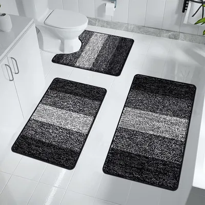 Productafbeelding van Badmatset 3-delig, microvezel, antislip, zwart, voor badkamer