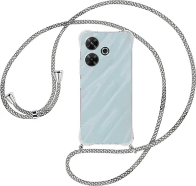Produktbild von Handykette Backcover-Schutzhülle mit Band (Metall silberfarben) für Xiaomi Redmi Note 13R 5G (CN) / Redmi 13 4G - weiß/grau kariert