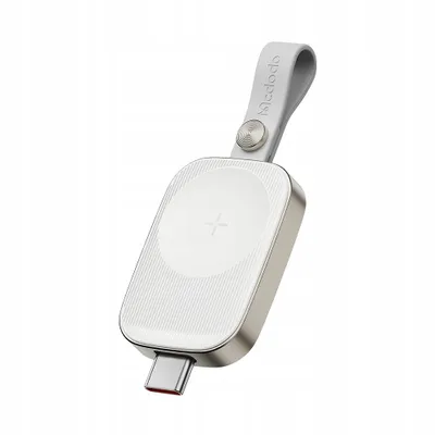A white and silver compact USB-C charger for an Apple Watch, shown against a white background.