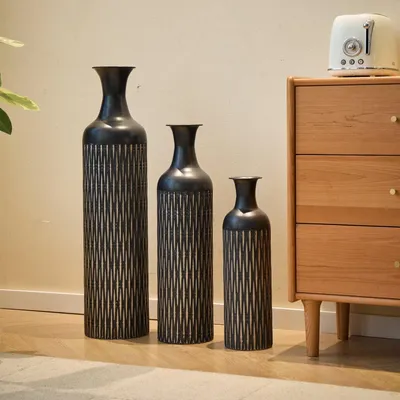 Produktbild von 3er Set Bodenvase Metall, Schwarz, Rillen-Design, Hohe Übertöpfe 83/66/50 cm