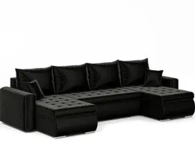 Zdjęcie produktu dla Narożnik Luis, narożnik U-kształt, sofa, kanapa, z funkcją spania, pojemnik na łóżko, dekoracyjne pikowanie, meble tapicerowane, Riviera 100, czarny
