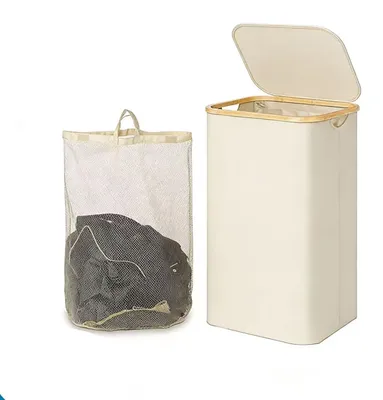 Faltbare Wäschebox 75 L, 70x44x25 cm, Weiß mit Bambusdeckel