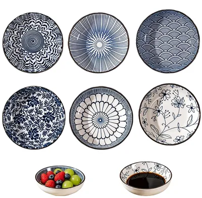 6 Porzellan-Dip-Schalen 9,5 cm, blau-weiß, japanisches Design