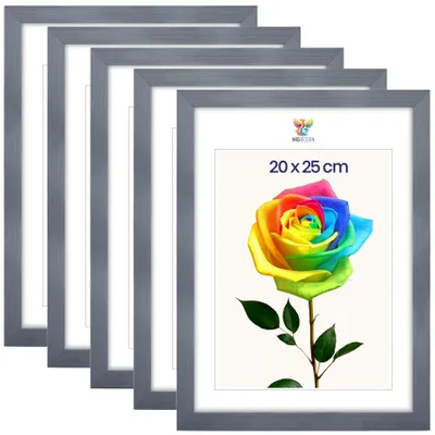 Produktbild von MG Design 5er Set Bilderrahmen 20 x 25 cm - Fotorahmen mit Grau Echtholzrahmen und bruchsicherem Acrylglas, Hoch & Quer zum Aufhängen, zum Aufstellen