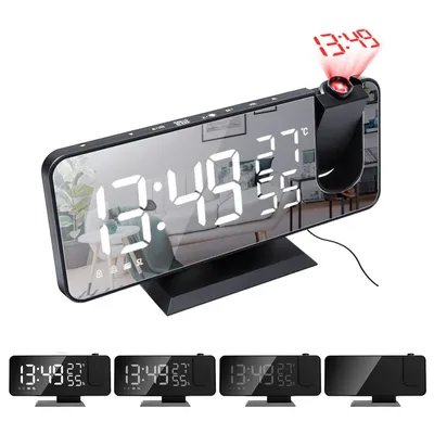 Produktbild von 7,5" Spiegel-LED-Wecker mit Projektionsanzeige, Dual-Alarm, Radio, Snooze-Funktion, USB-Ladeanschlüsse, Einschlaftimer, kompakt & modern