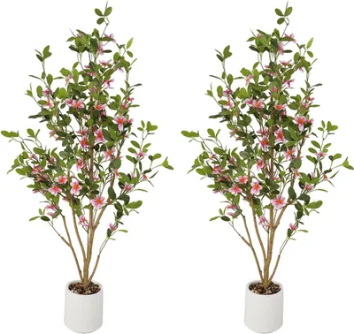 Immagine prodotto di Albero di mirto artificiale - Bonsai in vaso - 120 cm - Set da 2 - Resistente ai raggi UV - Interno/Esterno - Foglie di seta - Rosa scuro