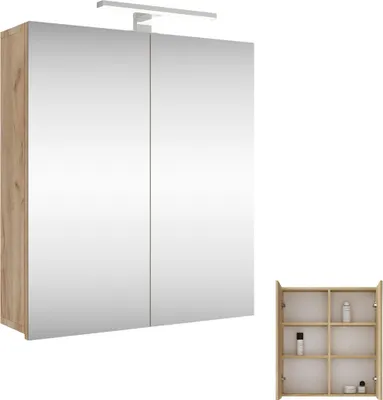 A bathroom cabinet with mirrored doors and an integrated LED light is shown, alongside a smaller open shelving unit with bottles.