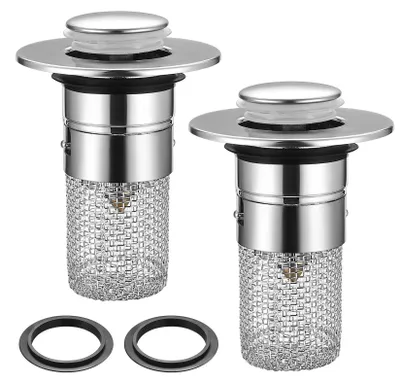 Image de 2 bouchons d'évier, bouchons de vidange avec filtre à cheveux, filtre de vidange en acier inoxydable pour tuyaux de 34 à 40 mm, valve de vidange universelle à pression et filtre de vidange pour évier