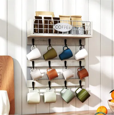 Produktbild von Tassenhalter mit 12 Haken, Wandmontierter Becherhalter, für Küche, Esszimmer und Kaffeebar, Weiß