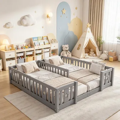 Produktbild von INONEFT Kinderbett 90 x 200 cm, Bodenbett aus Holz mit Rausfallschutz, Kleinkindbett, Montessori Bett, Doppelbett für Jungen und Mädchen, Grau