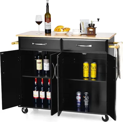 A black kitchen cart with a wooden countertop is shown against a white background. It is stocked with bottles of wine and cans of beverages.
