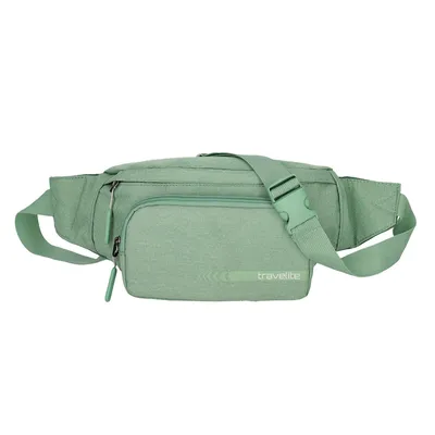 A green fanny pack is displayed against a white background.