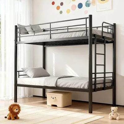 Produktbild von Etagenbett 90x200, Stockbett Metall, Bunk Bed mit SchutzgeläNder und Zugangsleitern, Umbaubar in 2 Einzelbetten, Etagenbett Erwachsene Platzsparendes für Kinder Jugendliche und Erwachsene (Schwarz)