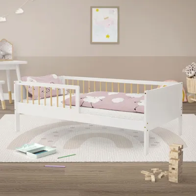 Produktbild von ML-Design  Kinderbett mit Lattenrost und Rausfallschutz, 80x160 cm, Weiß/Natur, Massivholz Einzelbett für Kinder, Jungen & Mädchen