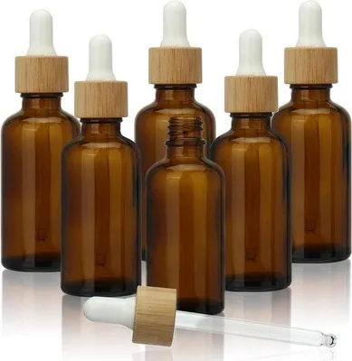 Zdjęcie produktu dla Butelki z zakraplaczem z bambusa na serum i olejki, 50 ml, brązowe, 6 sztuk