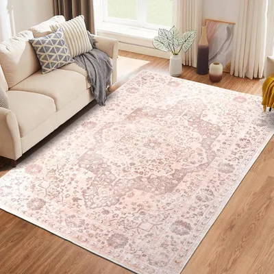 Produktbild von Vintage Teppich kurzflorig 160x230 cm rosa Boho, waschbar, rutschfest, für Wohnzimmer