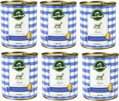 Six cans of dog food arranged in two rows of three.