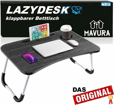 A foldable laptop table is shown with a laptop, tablet, phone, and cup on it, set against a black and white background with product branding and text.