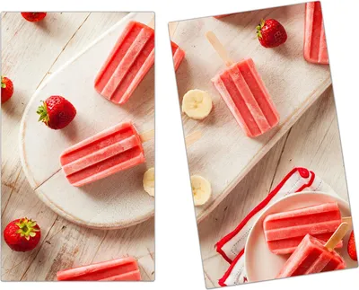 Produktbild von Spritzschutz Herdabdeckplatte Schneidebrett aus Glas Erdbeer Bananen Eis 2-Teilig (60x52cm)