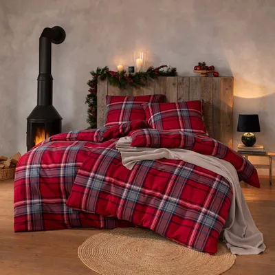 Zdjęcie produktu dla Estella przytulna pościel flanelowa 135x200 Hannes czerwona szara niebieska kratka 4459-460