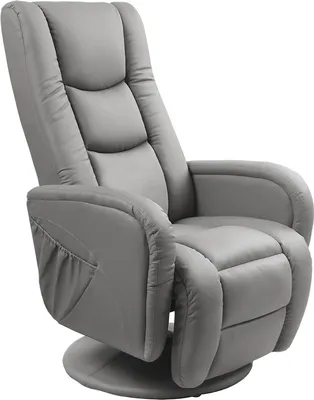 A gray recliner chair on a white background.
