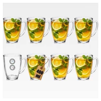 Produktbild von 8 Teegläser aus gehärtetem Glas - 400 ml hitzebeständige Kaffeetassen - Große Trinkgläser mit Henkel für Tee, Kakao, Kaffee und Cappuccino
