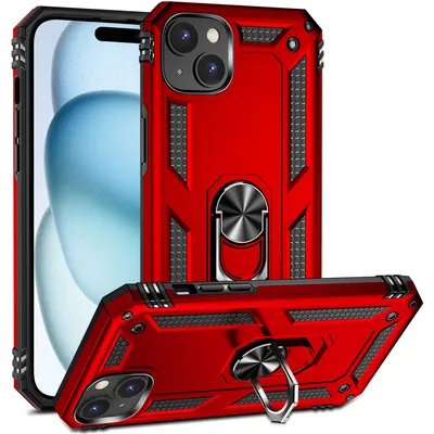Obrázek produktu pro Pouzdro pro iPhone 15 dvouvrstvé robustní, vojenská ochrana pouzdro s držákem prstenu a stojánkem červené