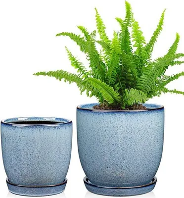 Immagine prodotto di Set di 2 vasi per piante in Vetroceramica 12 cm 15 cm con fori di drenaggio e sottovasi - blu