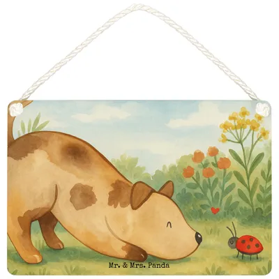 Produktbild von Mr. & Mrs. Panda Schild Hund Marienkäfer Design DIN A5 - Weiß - Geschenk, kleine aufmerksamkeit, Mischlingshund, wandtafel, Sprüche, Neugierig, Hunde, Wandbild Holz