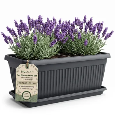 Produktbild von BigDean 3 Stück XXXL Blumenkübel 100×40×35cm 88 L Blumenkasten Blumentopf | Mediterranes Design, Lieferung inkl. Untersetzer, Farbe: Anthrazit, Pflanz