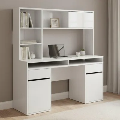 Produktbild von Schreibtisch Ambrenti, Mehrzweckschreibtisch, Bürotisch für PC, Eckschreibtisch, 149x48 h156 cm, Glänzendes Weiß