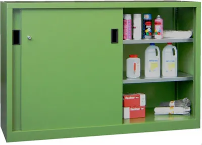 Produktbild von Schiebetürenschrank - Vollblechtüren - 1.000x1.500x600 mm (HxBxT) - 4 Böden, verzinkt - Zylinderschloss - lichtgrau/enzianblau
