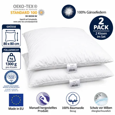 Produktbild von 2er Set Federkissen 80x80 cm 1000 Gramm – Kopfkissen mit 100% Gänsefedern – Baumwollbezug 185 g/m² – Ganzjahreskissen