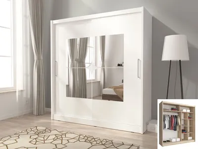 Image de Armoire à portes coulissantes, armoire de chambre à coucher, miroir, blanche, 200 cm