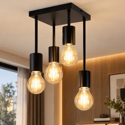 Immagine prodotto di Lampada a soffitto ZMH, 4 luci, stile vintage, nera, attacco E27, ideale per cucina, in metallo, sospesa, design industriale, adatta per cucina, corridoio, soggiorno, bar (senza lampadine), Immagine generata dall'IA
