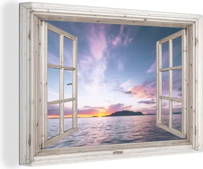 Produktbild von OneMillionCanvasses® - Leinwandbilder - 140x90 cm, Aussicht - Meer - Insel, - Geöffnetes Fenster - Fensterblick Schlafzimmer Kunstdruck Wanddekoration - Foto auf Leinwand - Gemälde auf Holzrahmen