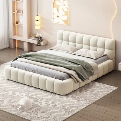 Produktbild von CDGlobal Polsterbett 140 x 200 cm, Jugendbett, Doppelbett mit weicher Rückenlehne, Flachbett mit Polsterumrandung, Lattenrost Leinen Beige