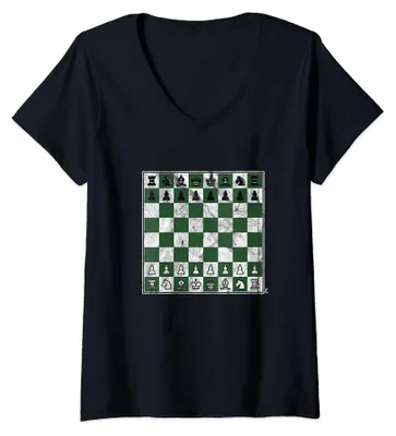 Produktbild von Damen Schachspiel Schachfiguren Dame Schachmatt Schachbrett T-Shirt mit V-Aussch