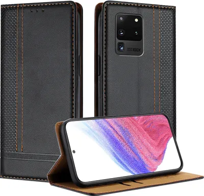A black leather flip case for a Samsung Galaxy S20 Ultra is shown open, with the phone inside and the screen displaying a colorful abstract image. The case is standing upright, showcasing its stand function.